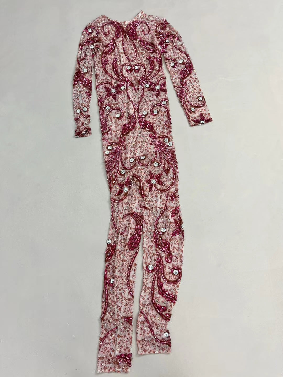 CELESINYI Huahong Crystal Skating Floral Leotard