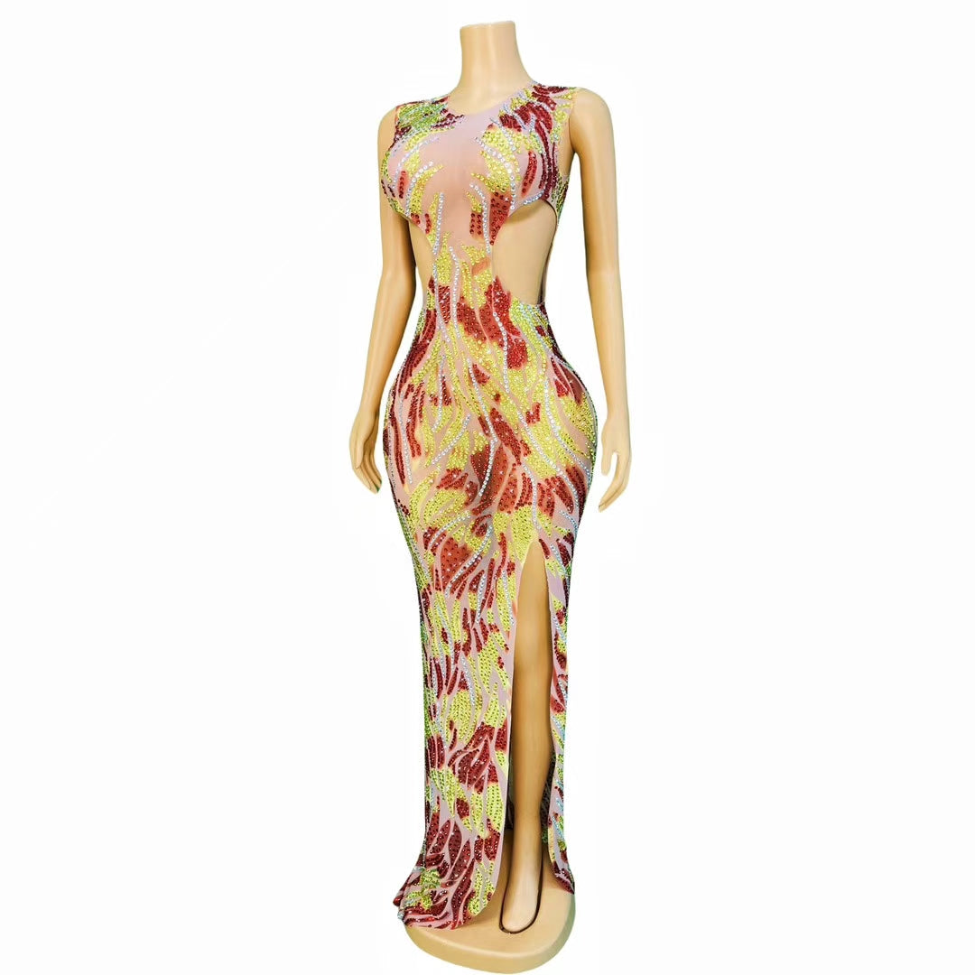 CELESINYI Fenfei Crystal Flame Feather Mini Dress