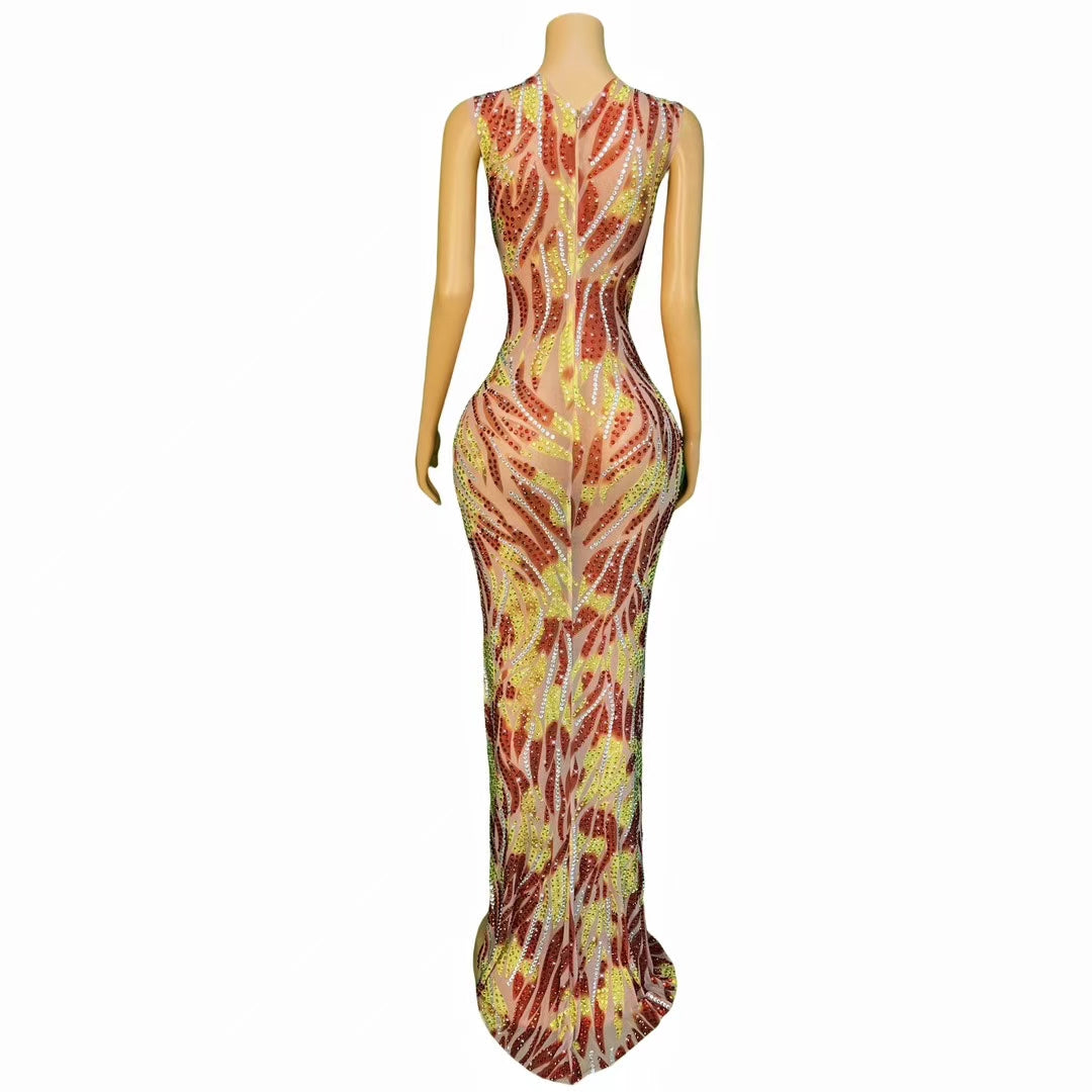 CELESINYI Fenfei Crystal Flame Feather Mini Dress
