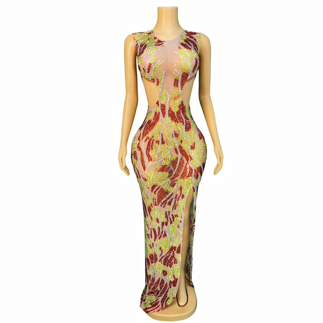 CELESINYI Fenfei Crystal Flame Feather Mini Dress