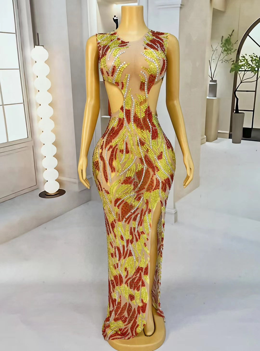 CELESINYI Fenfei Crystal Flame Feather Mini Dress