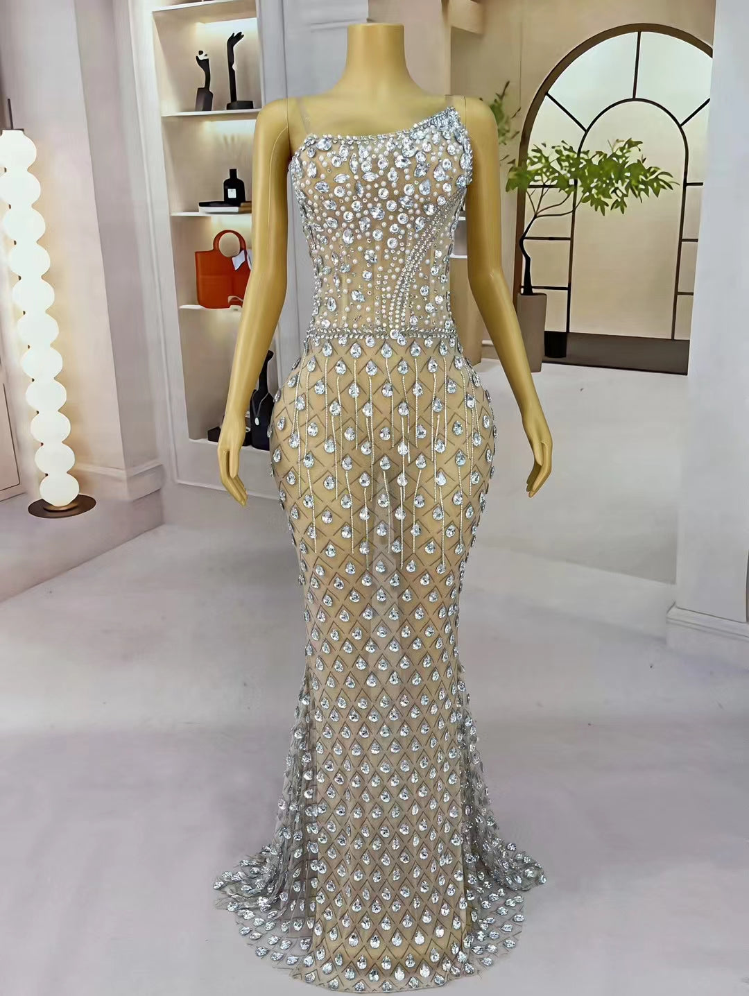 CELESINYI Baishe Crystal Pearl Snake Gown