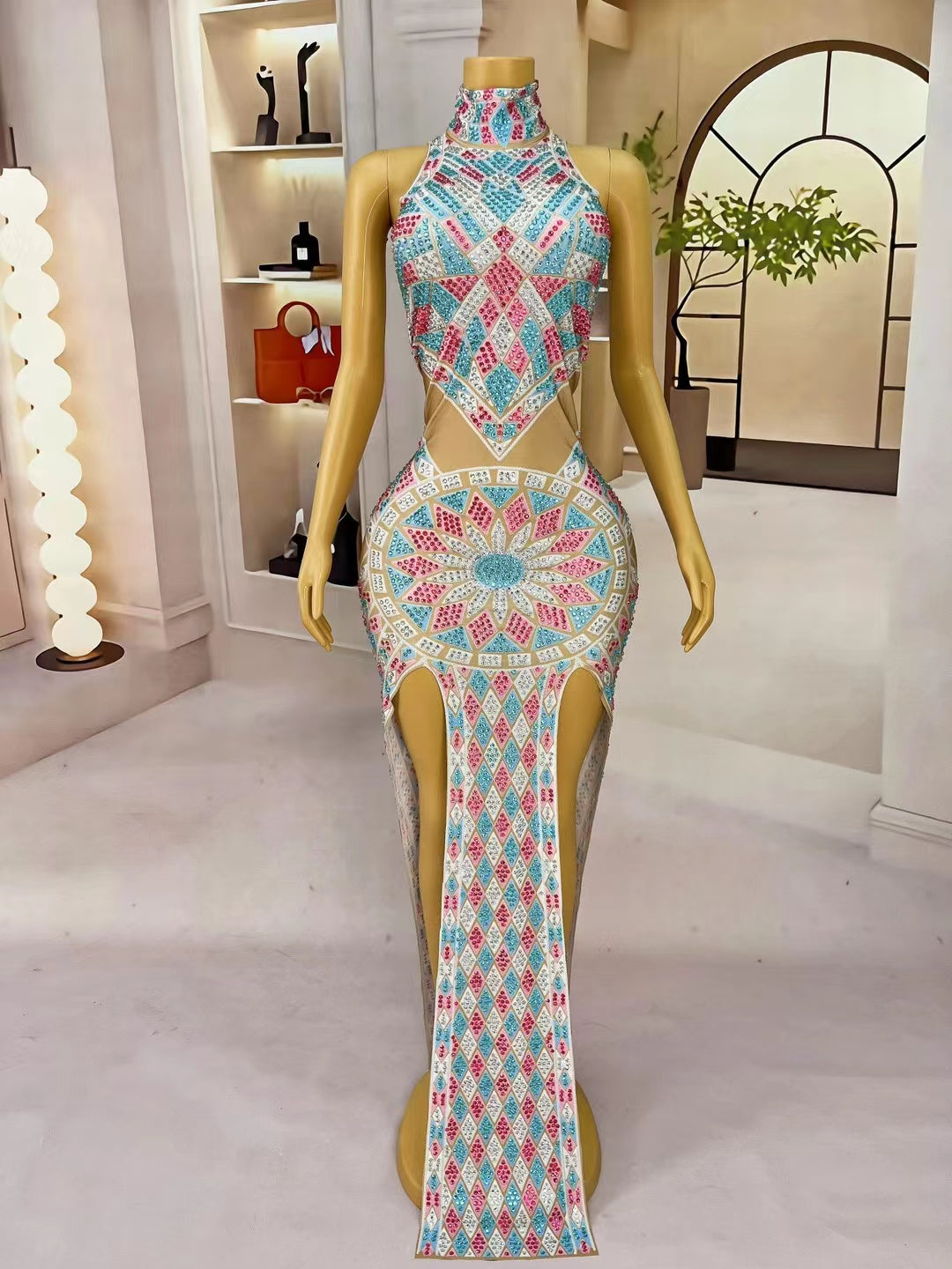 CELESINYI Xuancaifudiao Crystal Mandala Mini Dress