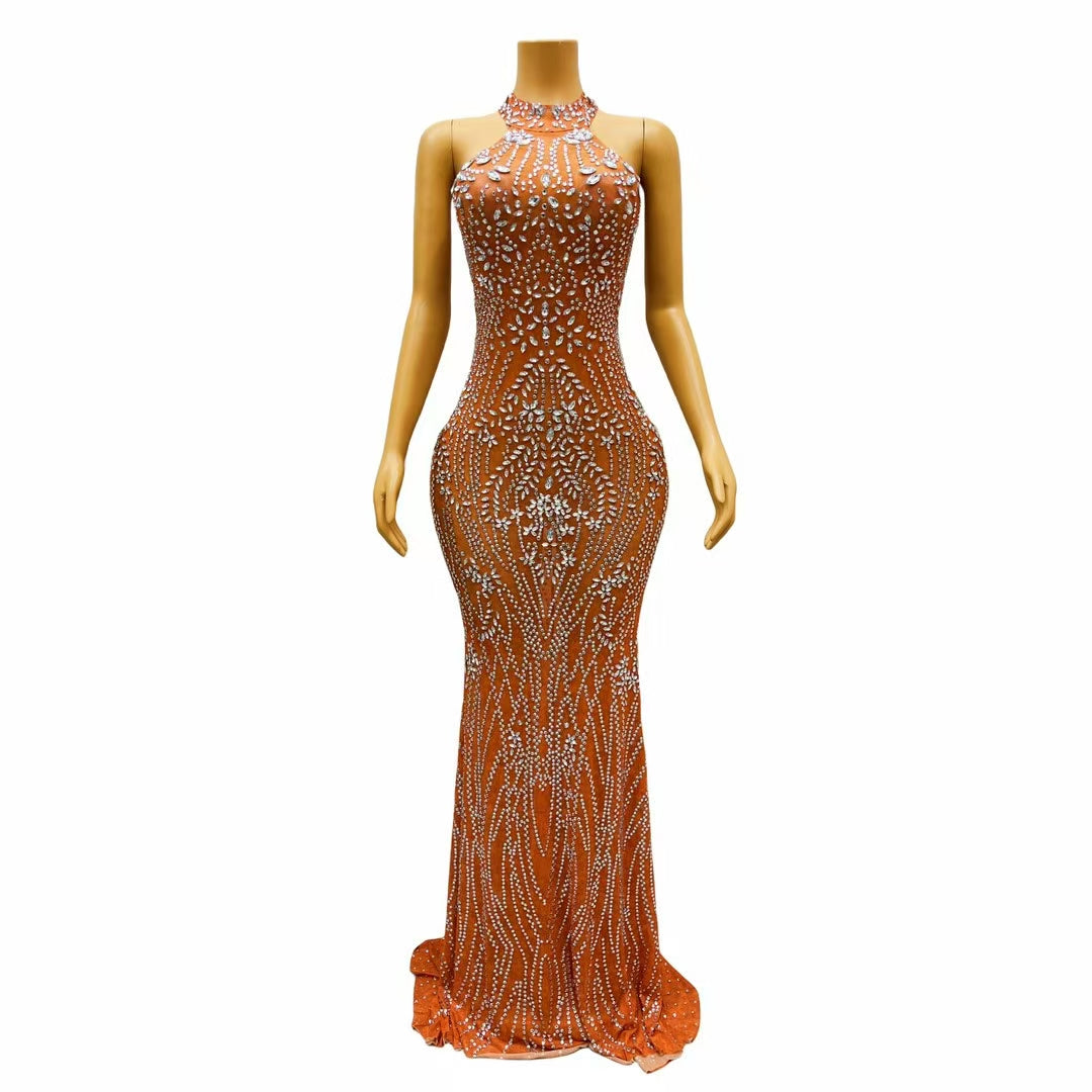 CELESINYI Jiegeng Crystal Red Halter Gown
