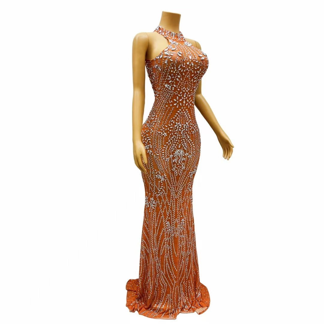CELESINYI Jiegeng Crystal Red Halter Gown