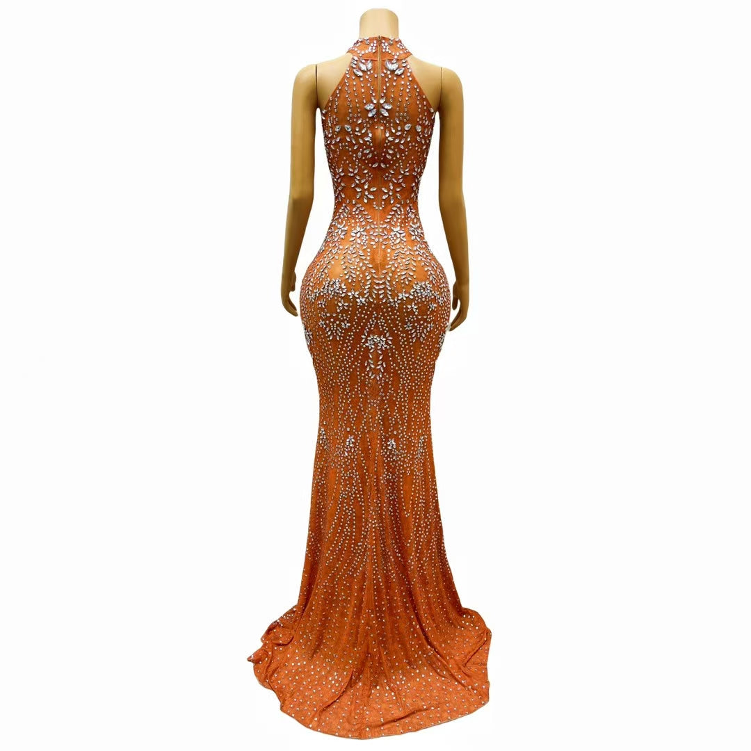 CELESINYI Jiegeng Crystal Red Halter Gown