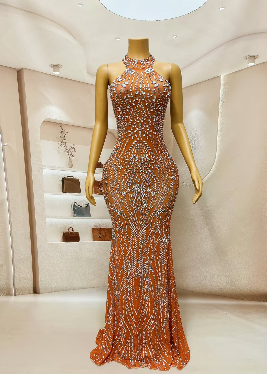 CELESINYI Jiegeng Crystal Red Halter Gown