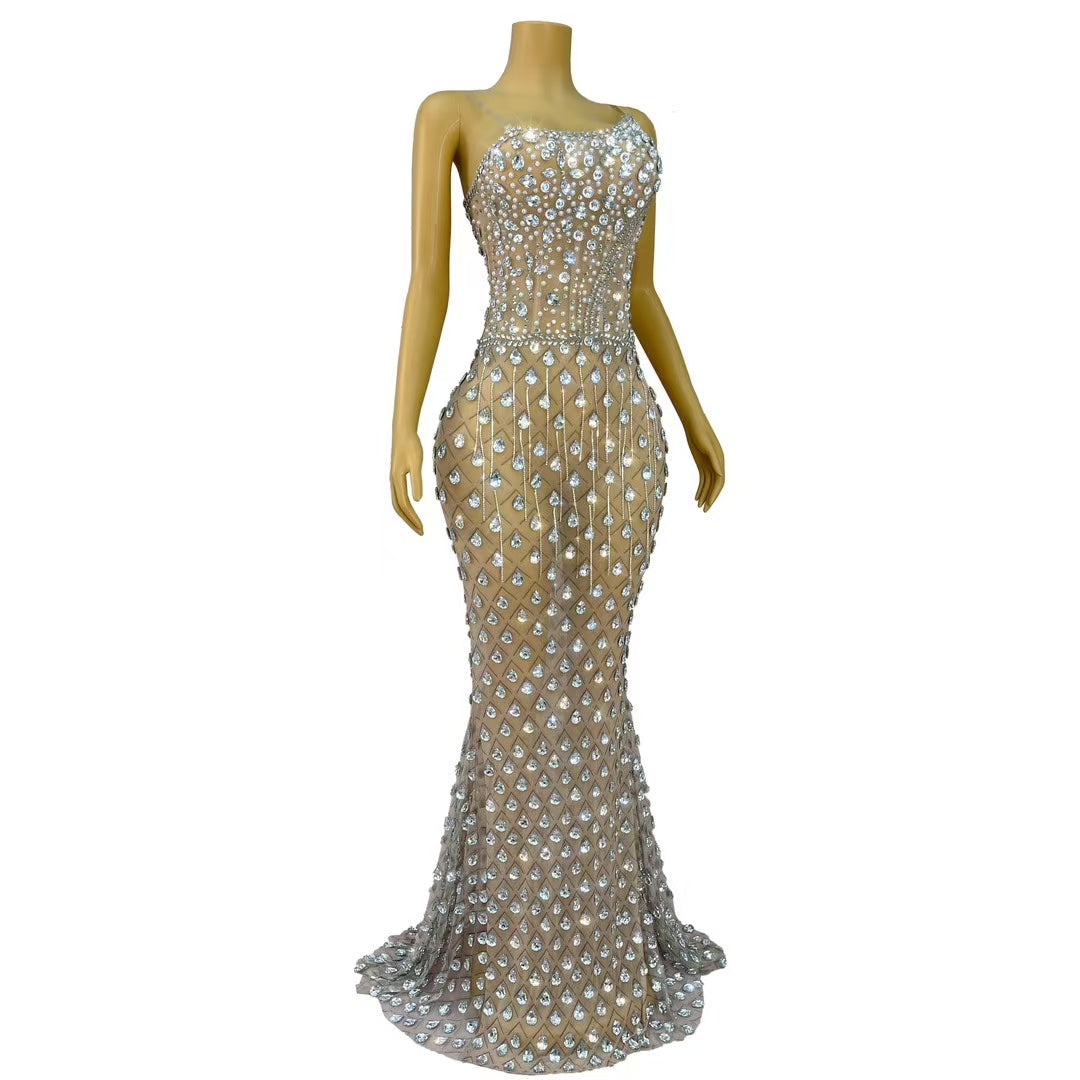 CELESINYI Wushe Crystal White Teardrop Mermaid Gown