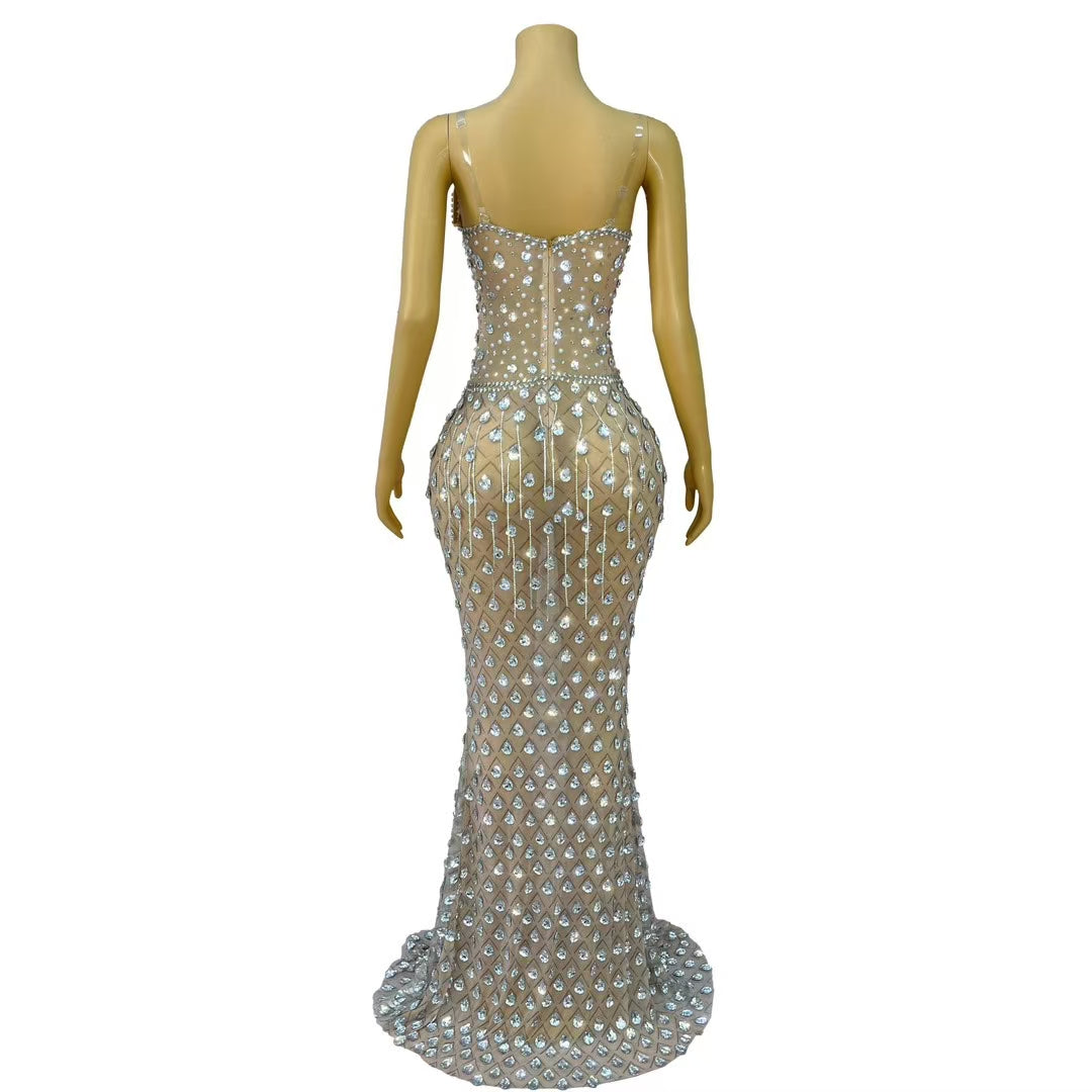 CELESINYI Wushe Crystal White Teardrop Mermaid Gown