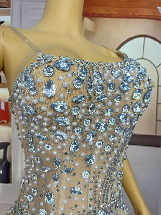 CELESINYI Wushe Crystal White Teardrop Mermaid Gown