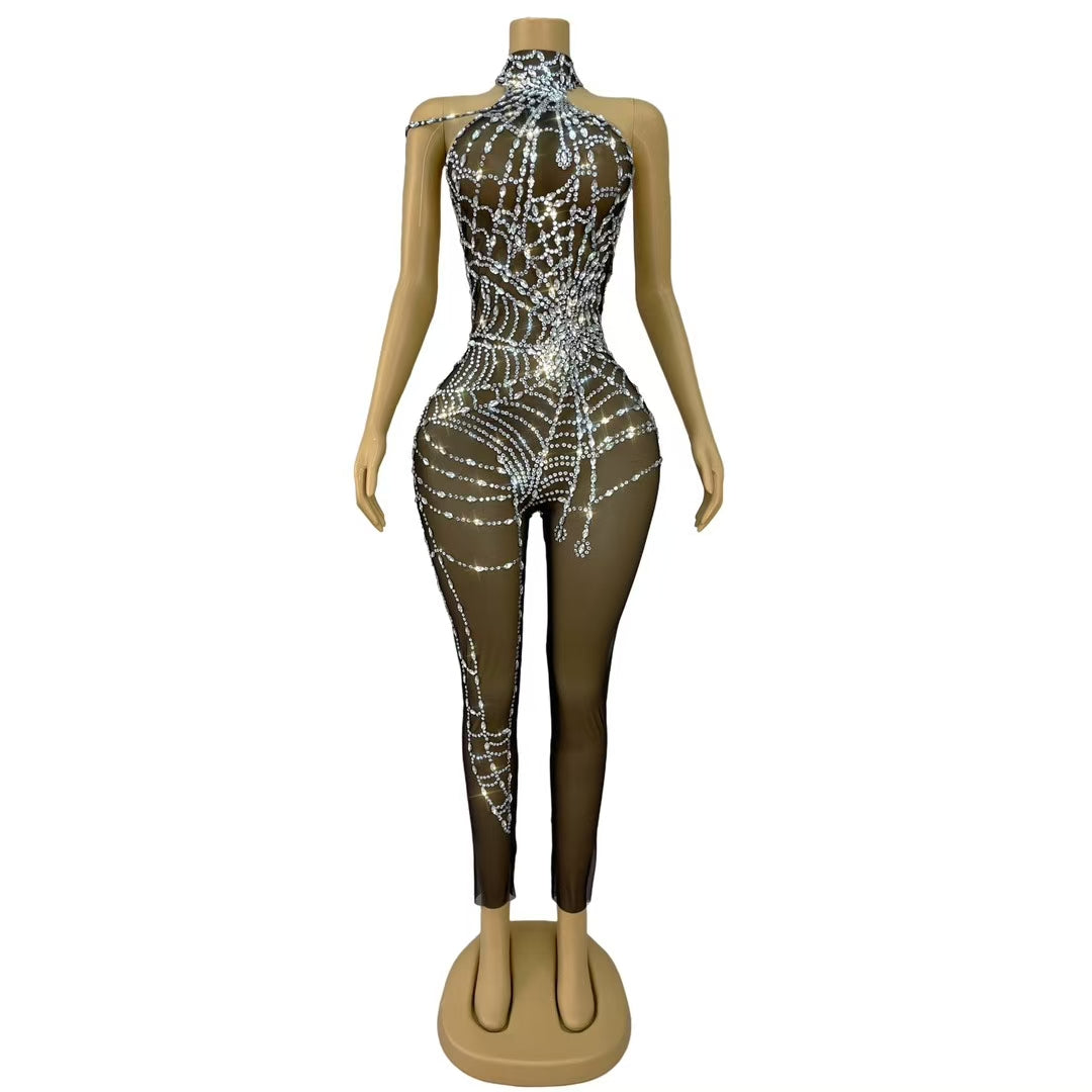 CELESINYI Zhizhu Crystal Spider Web Catsuit