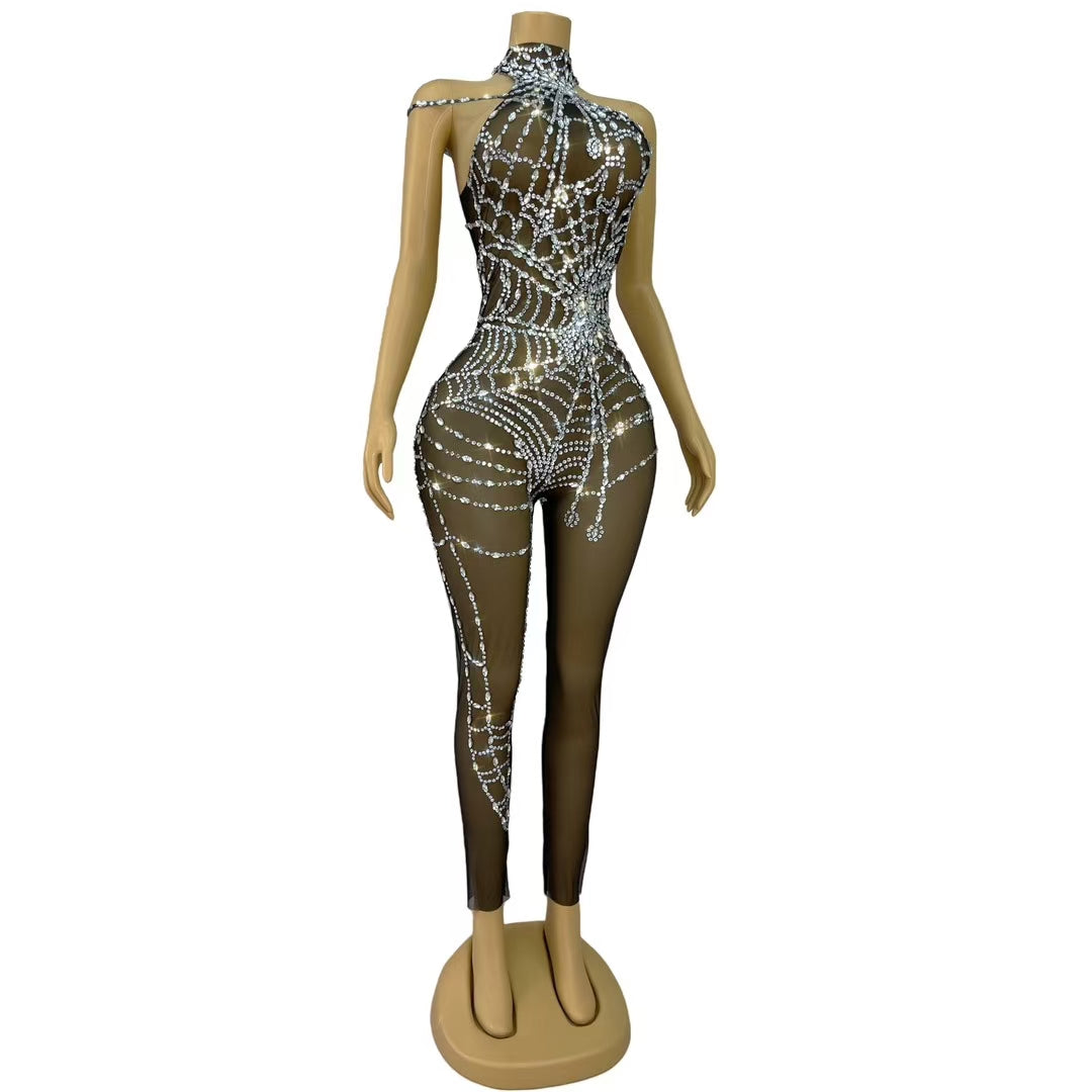 CELESINYI Zhizhu Crystal Spider Web Catsuit