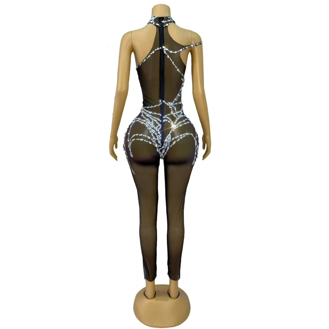 CELESINYI Zhizhu Crystal Spider Web Catsuit