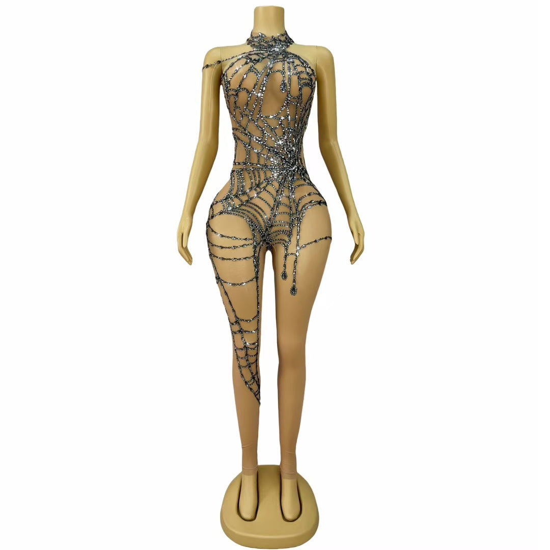 CELESINYI Zhizhu Crystal Spider Web Catsuit