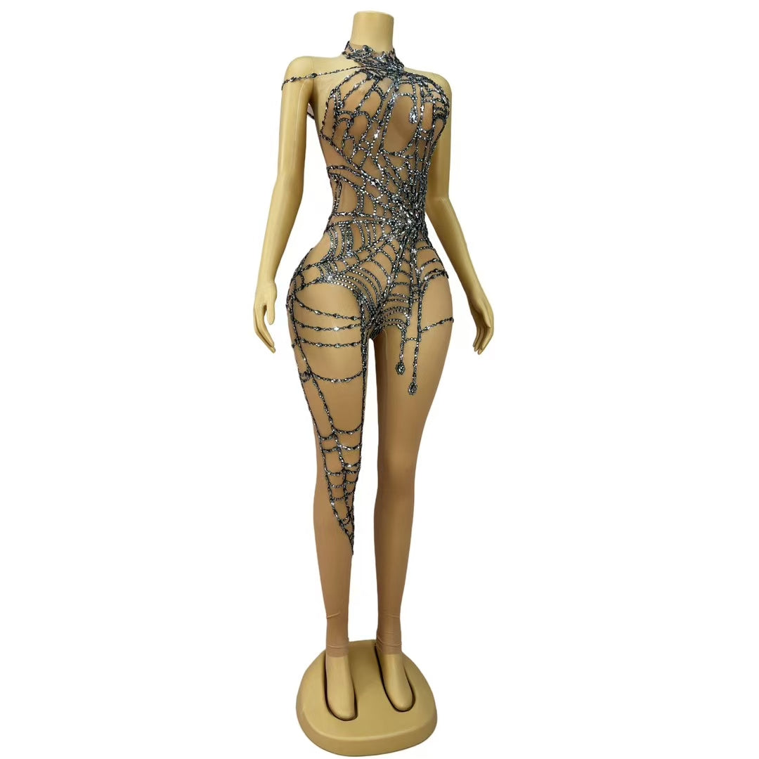 CELESINYI Zhizhu Crystal Spider Web Catsuit