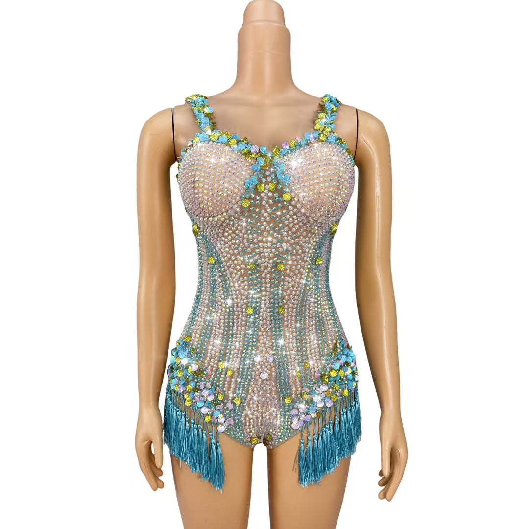 CELESINYI Nanning Crystal Turquoise Fringe Leotard