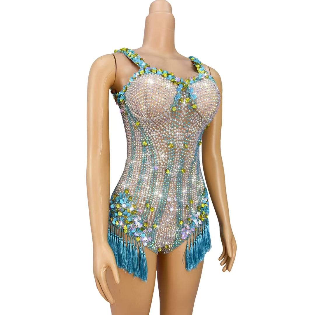 CELESINYI Nanning Crystal Turquoise Fringe Leotard