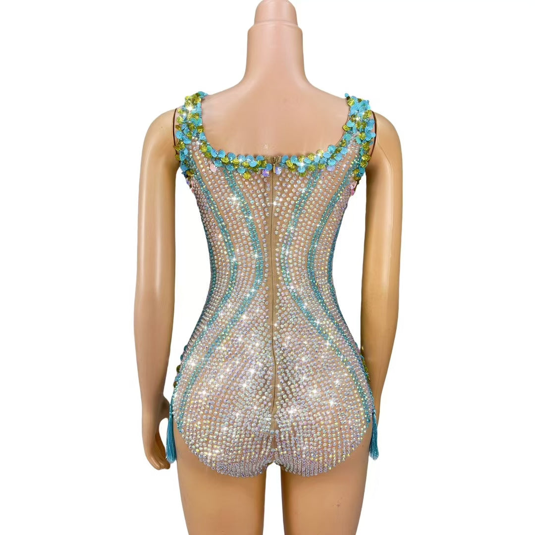 CELESINYI Nanning Crystal Turquoise Fringe Leotard