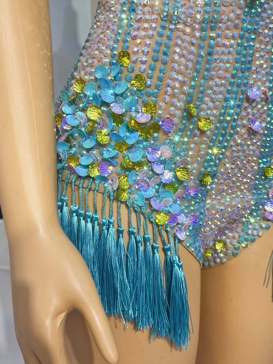 CELESINYI Nanning Crystal Turquoise Fringe Leotard