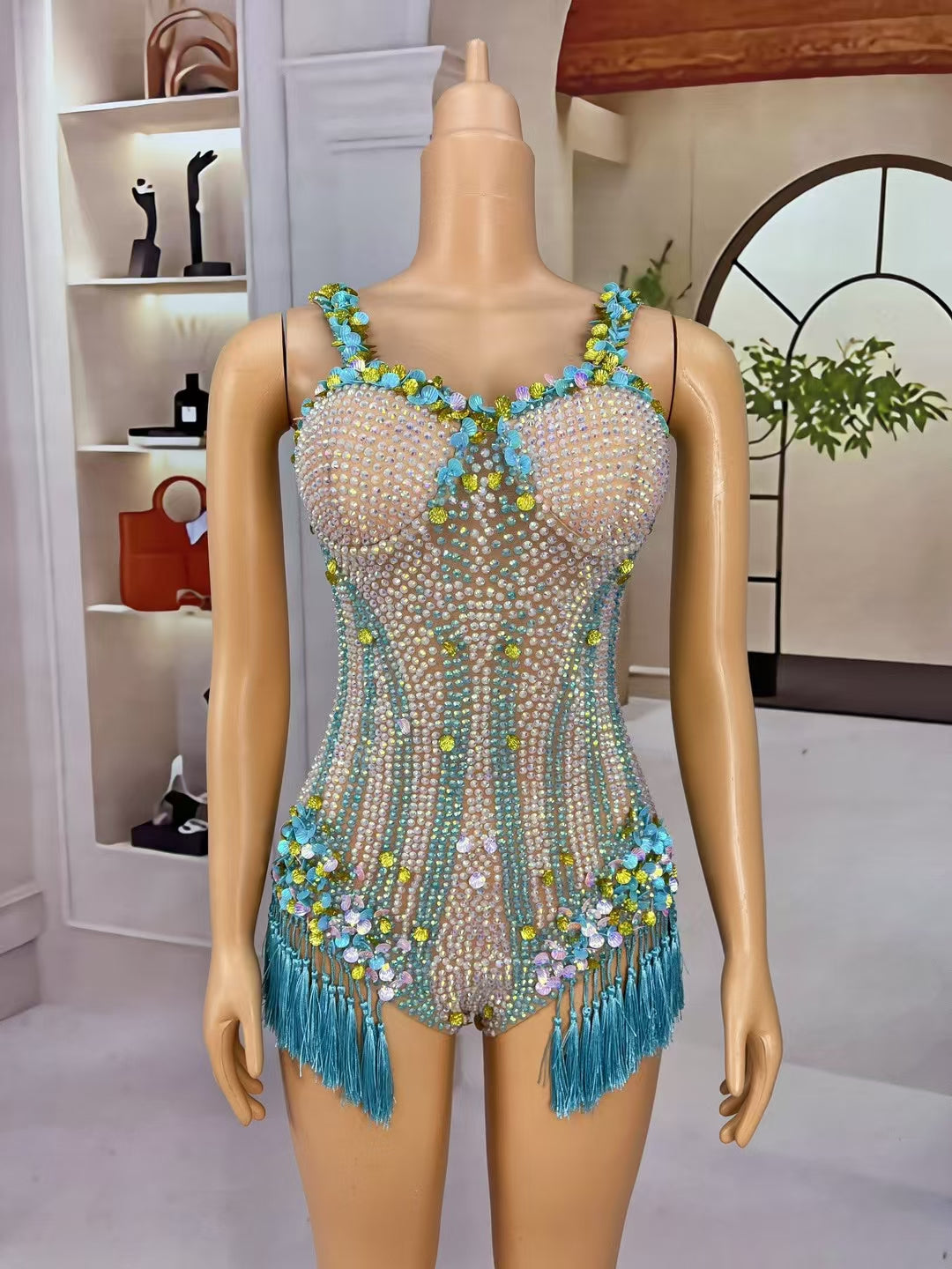 CELESINYI Nanning Crystal Turquoise Fringe Leotard