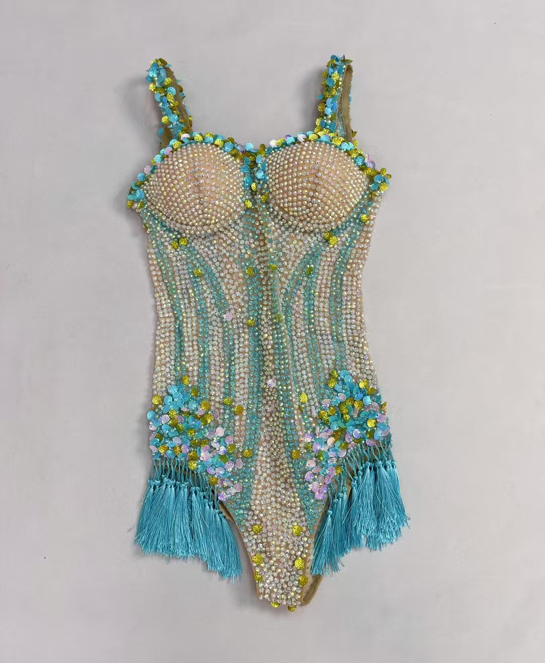 CELESINYI Nanning Crystal Turquoise Fringe Leotard