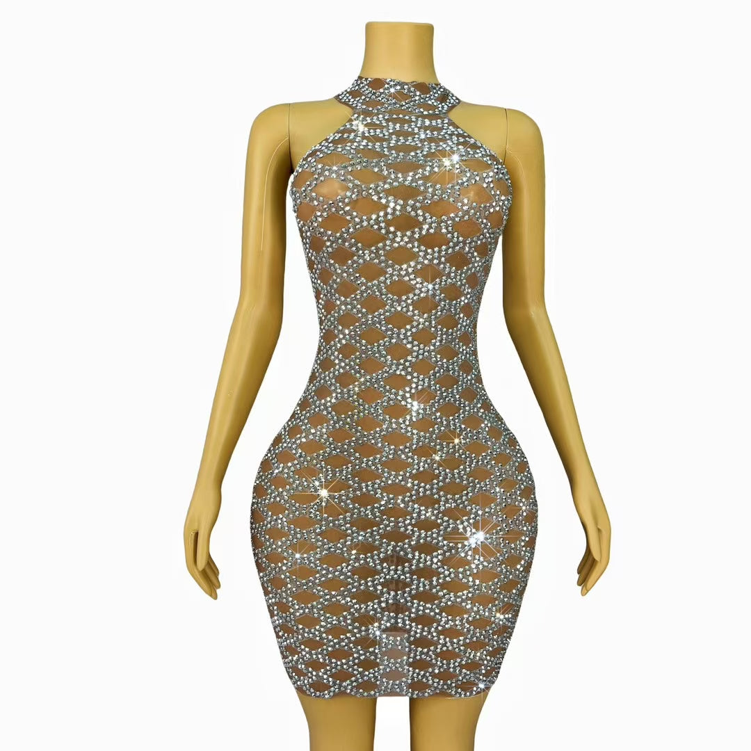 CELESINYI Lingge Crystal Diamond Grid Mini Dress