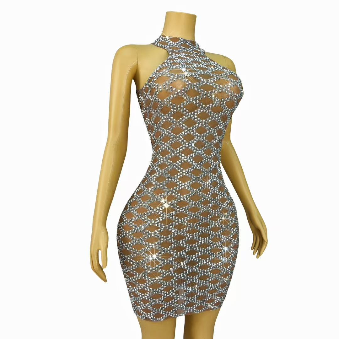 CELESINYI Lingge Crystal Diamond Grid Mini Dress