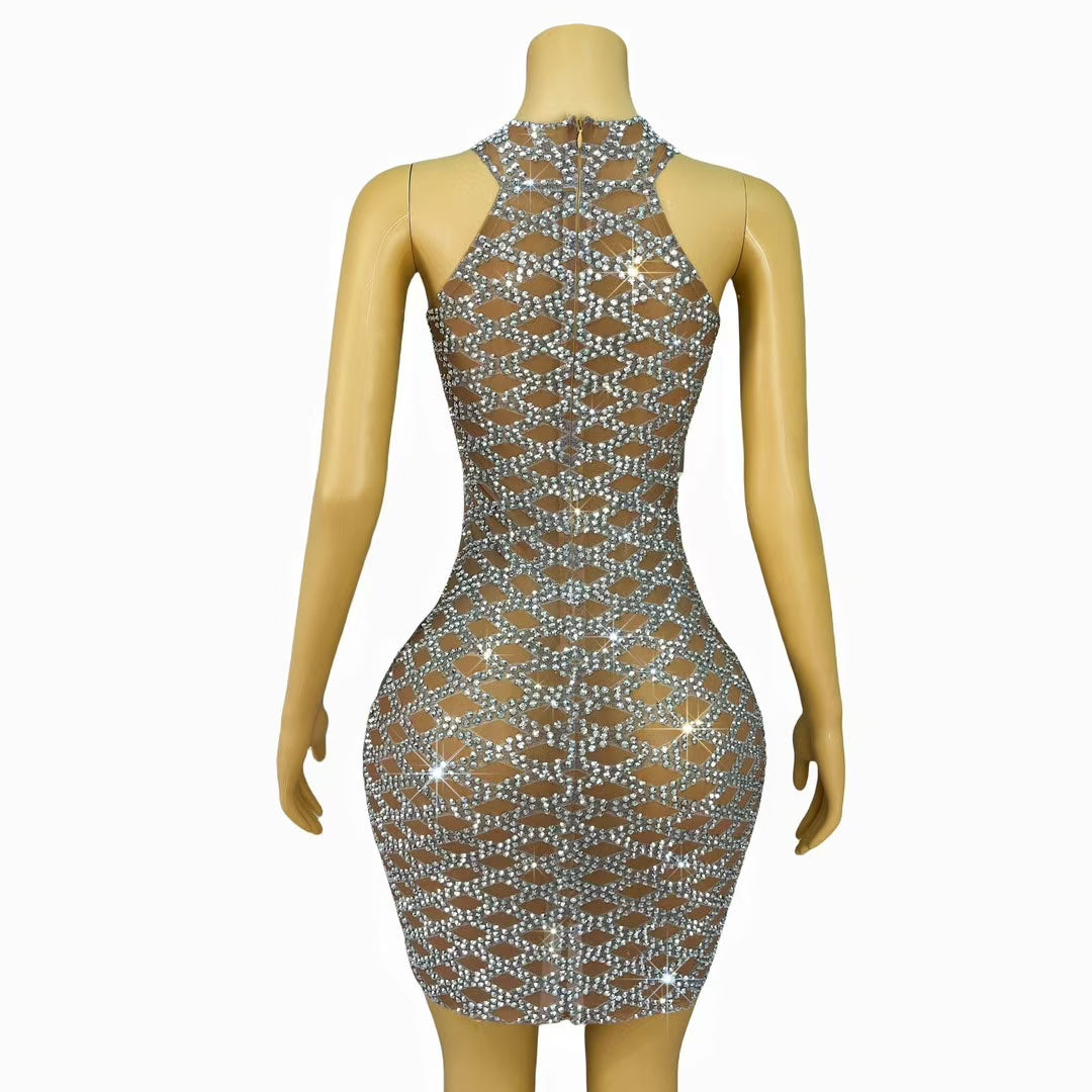 CELESINYI Lingge Crystal Diamond Grid Mini Dress