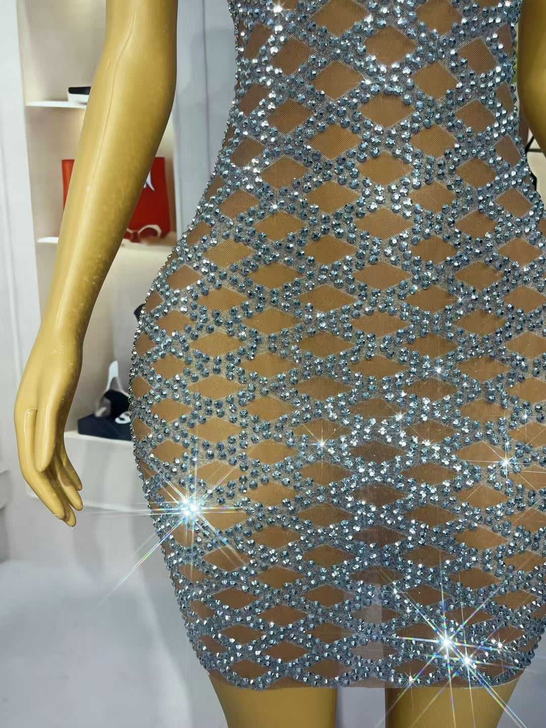 CELESINYI Lingge Crystal Diamond Grid Mini Dress