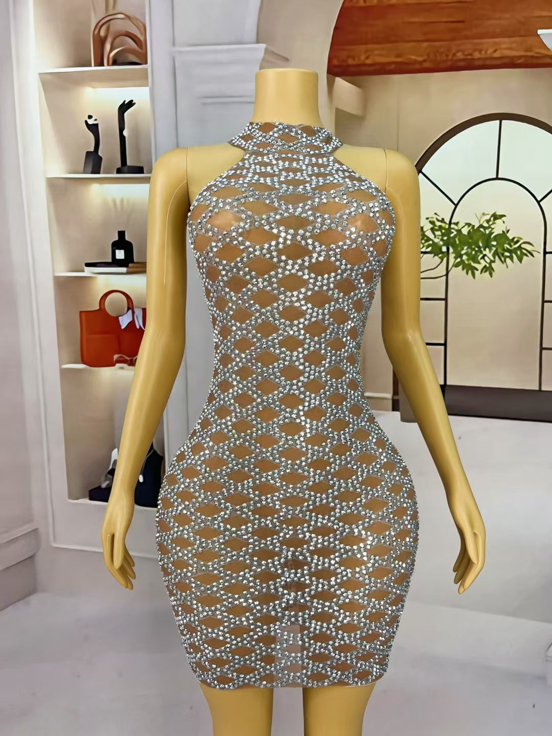 CELESINYI Lingge Crystal Diamond Grid Mini Dress