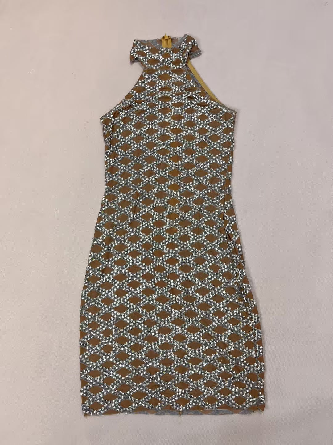 CELESINYI Lingge Crystal Diamond Grid Mini Dress