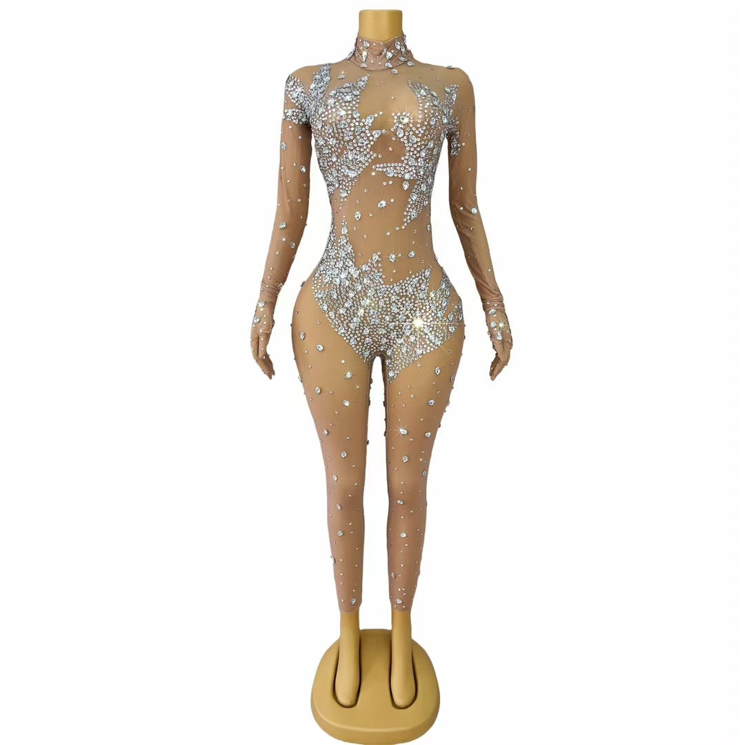 CELESINYI Lianhuaban Crystal Pearl Glove Catsuit