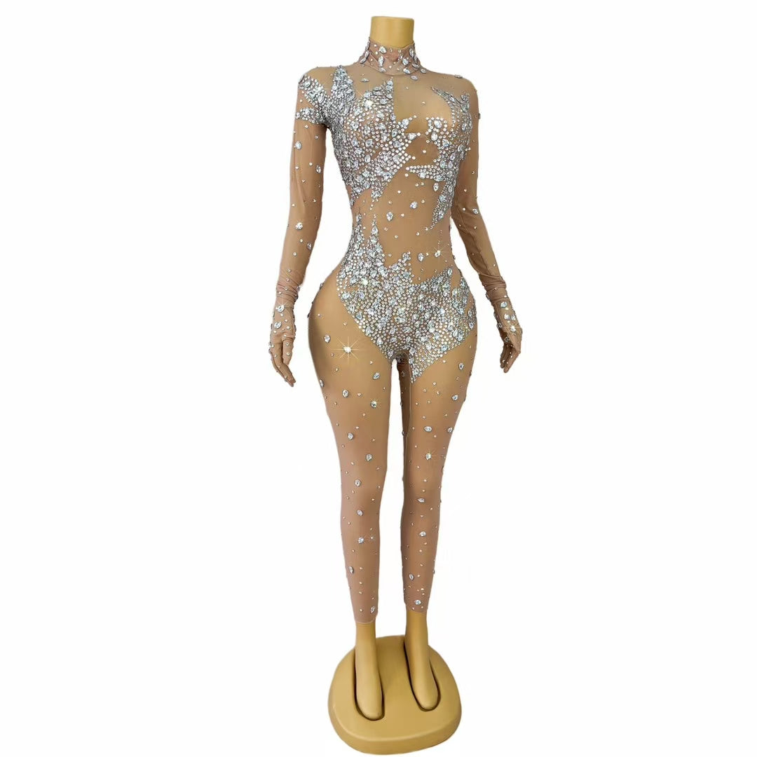 CELESINYI Lianhuaban Crystal Pearl Glove Catsuit