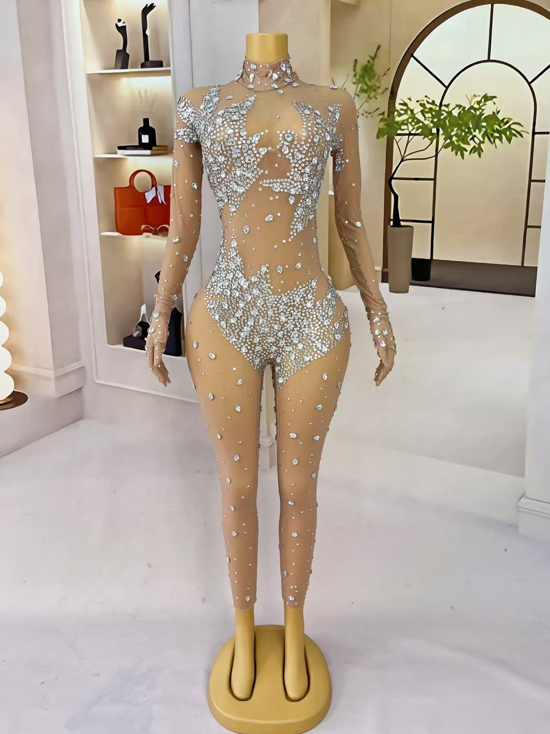 CELESINYI Lianhuaban Crystal Pearl Glove Catsuit