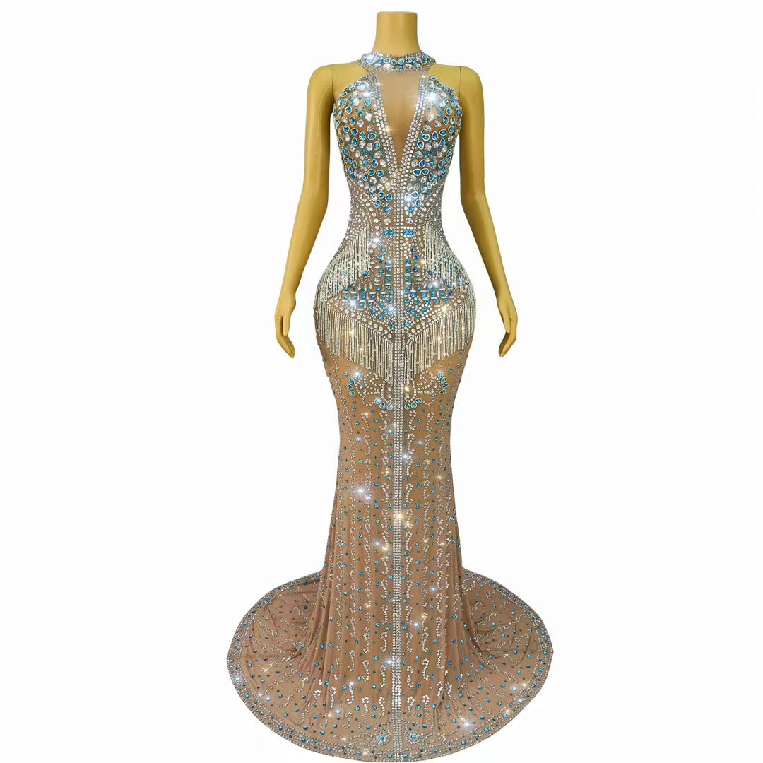 CELESINYI Lancaihua Crystal Sapphire Fringe Gown