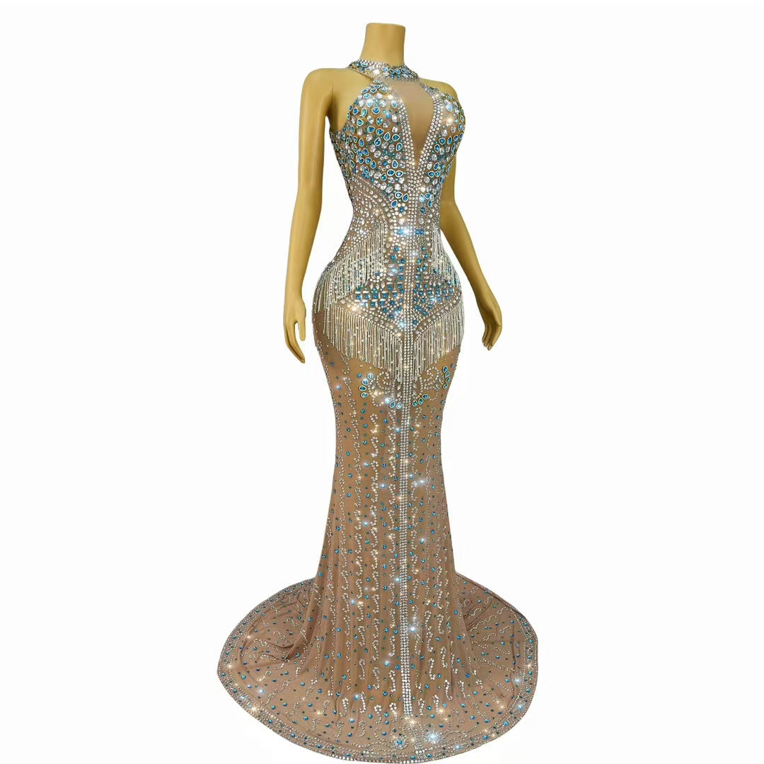 CELESINYI Lancaihua Crystal Sapphire Fringe Gown