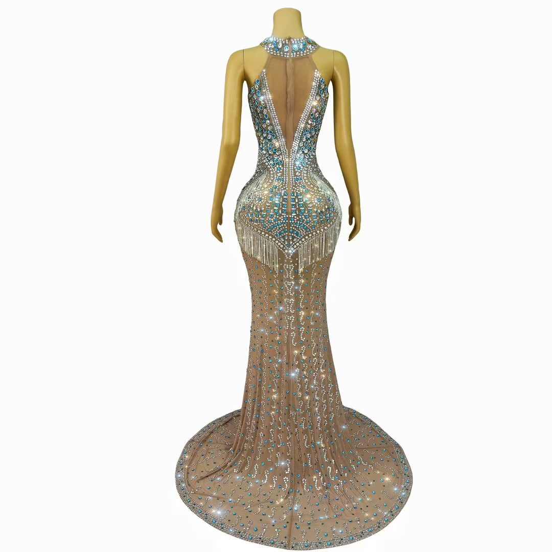 CELESINYI Lancaihua Crystal Sapphire Fringe Gown