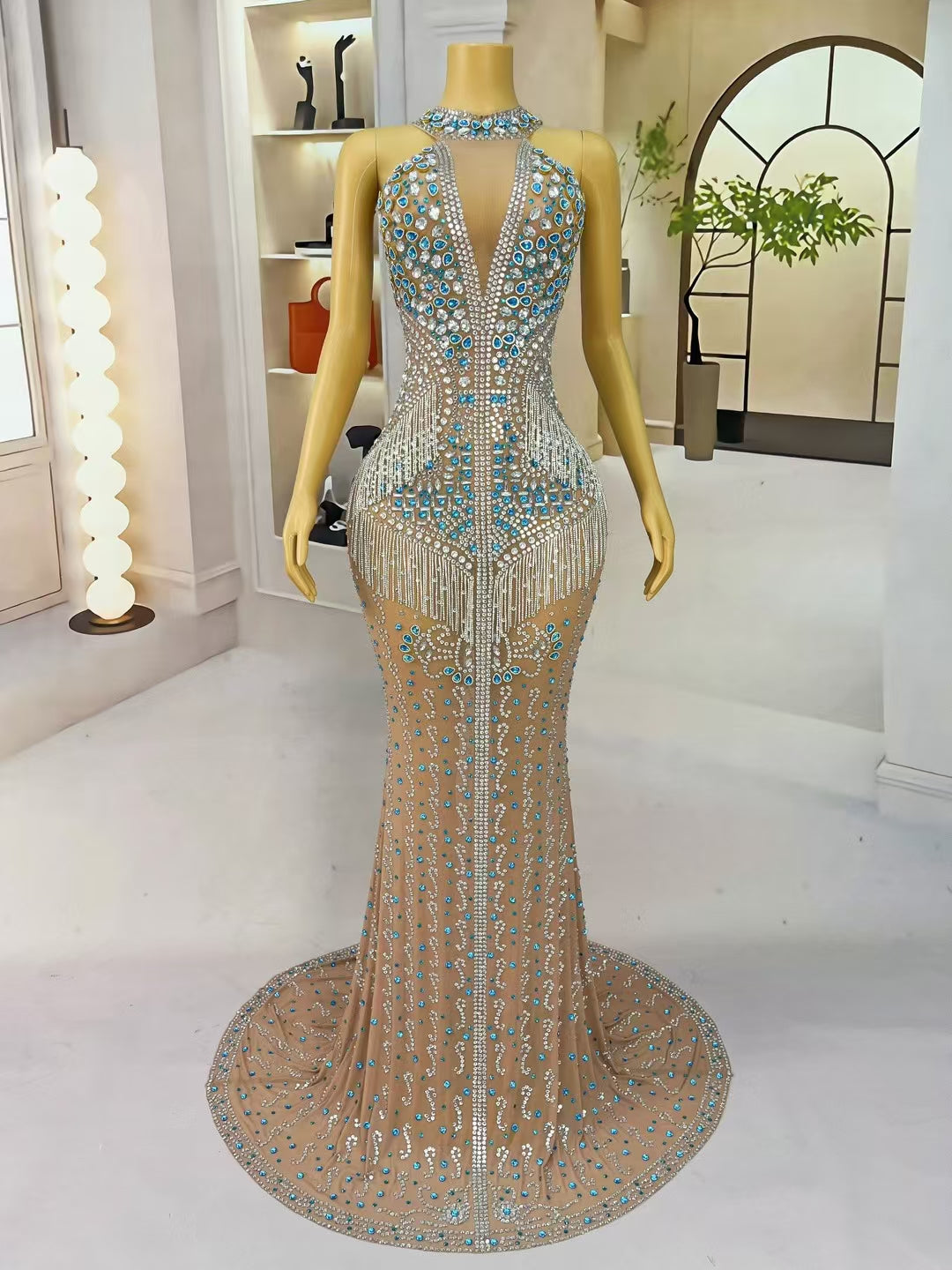 CELESINYI Lancaihua Crystal Sapphire Fringe Gown