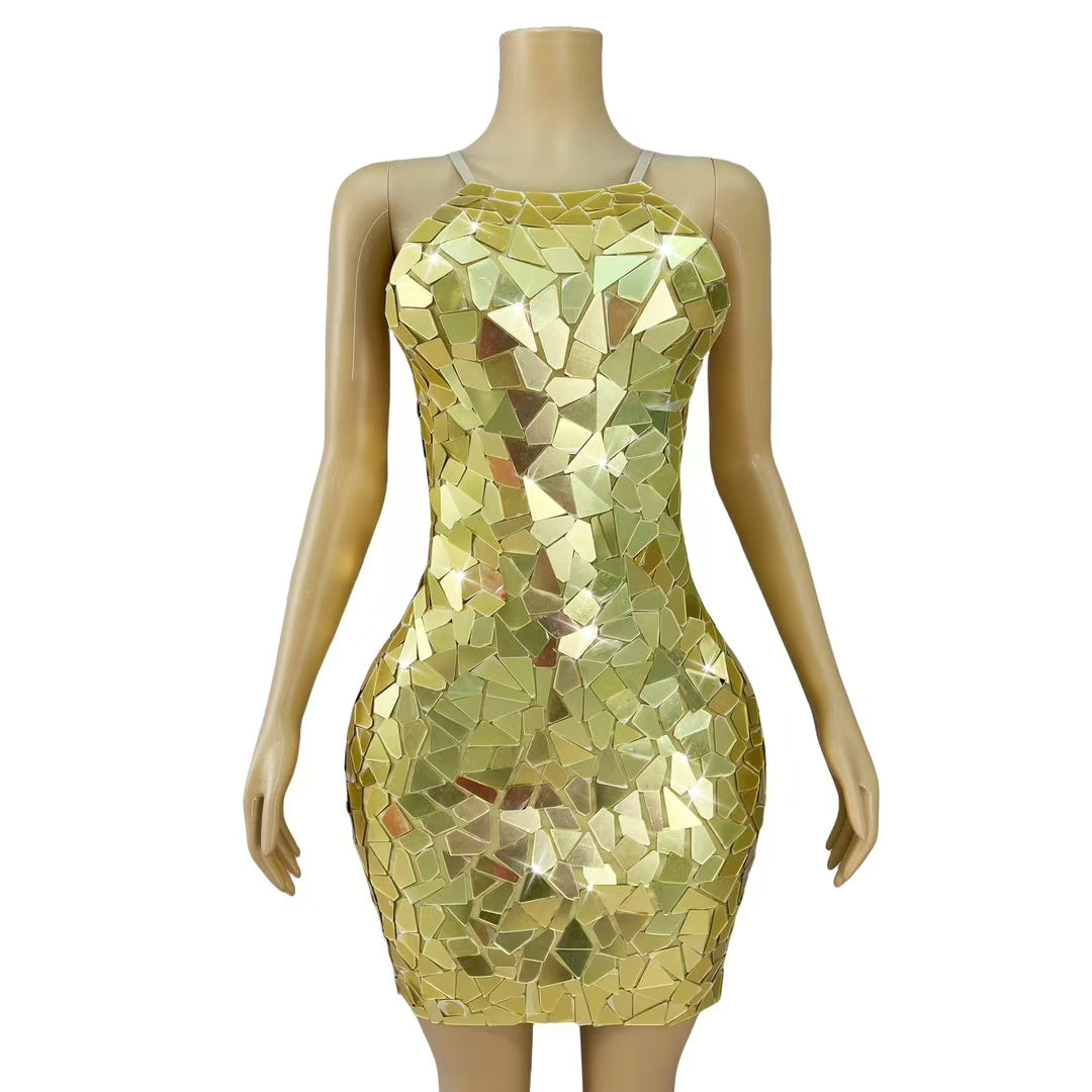 CELESINYI Chajian Crystal Gold Mirror Shard Mini Dress