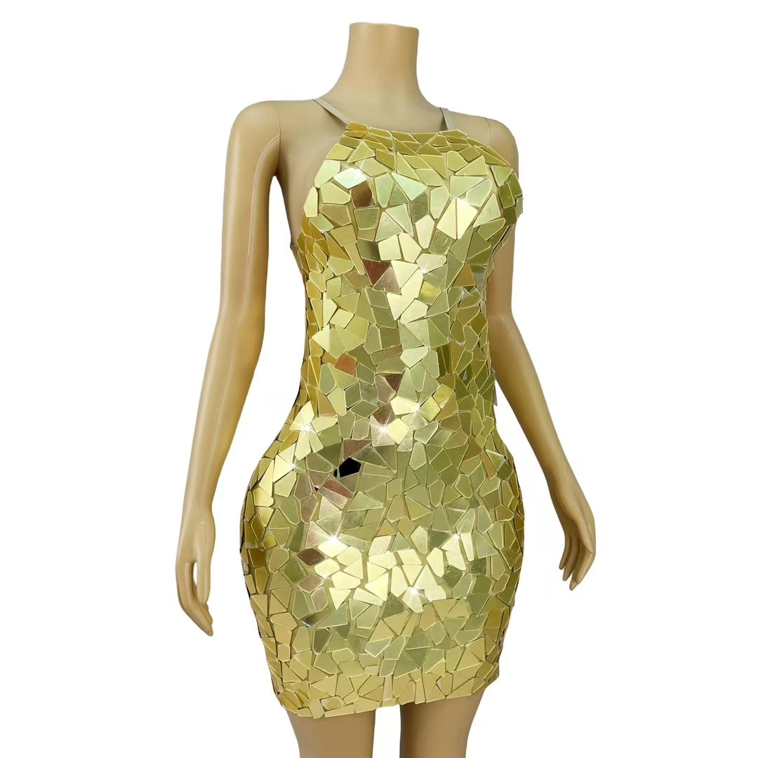 CELESINYI Chajian Crystal Gold Mirror Shard Mini Dress