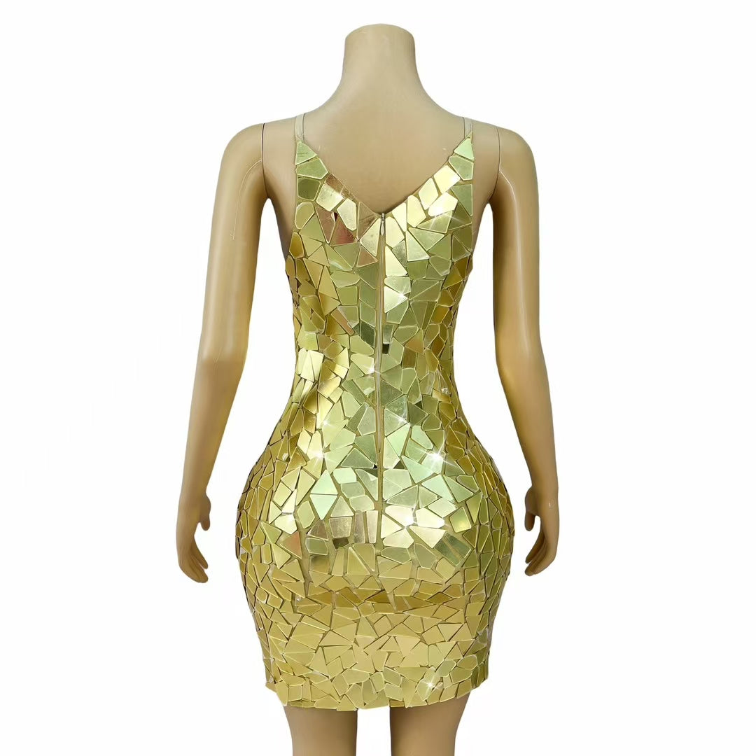 CELESINYI Chajian Crystal Gold Mirror Shard Mini Dress