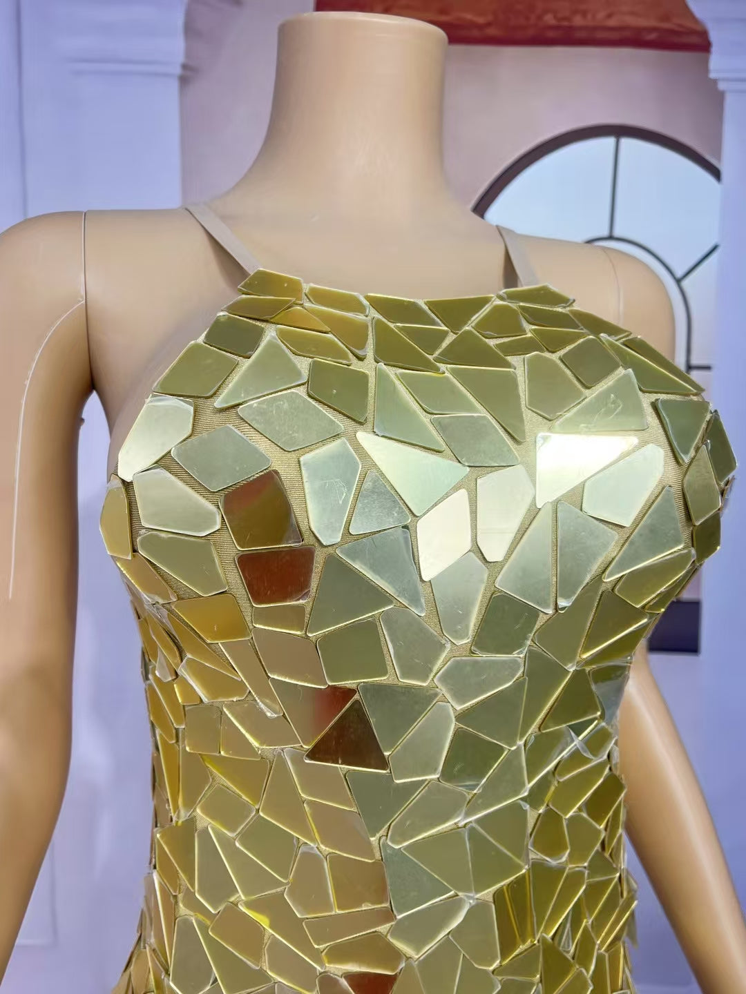 CELESINYI Chajian Crystal Gold Mirror Shard Mini Dress