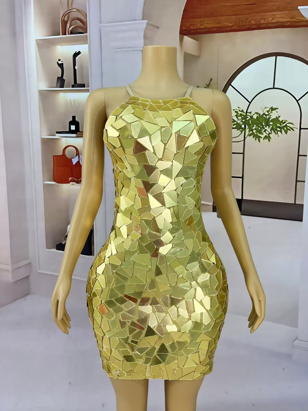 CELESINYI Chajian Crystal Gold Mirror Shard Mini Dress