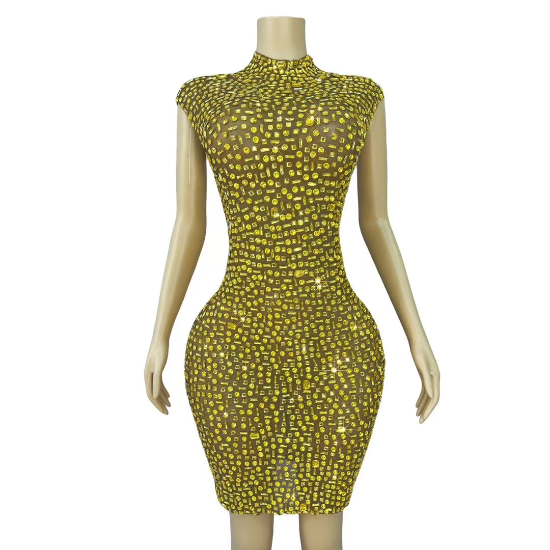 CELESINYI Jinbei Crystal Gold Mini Dress