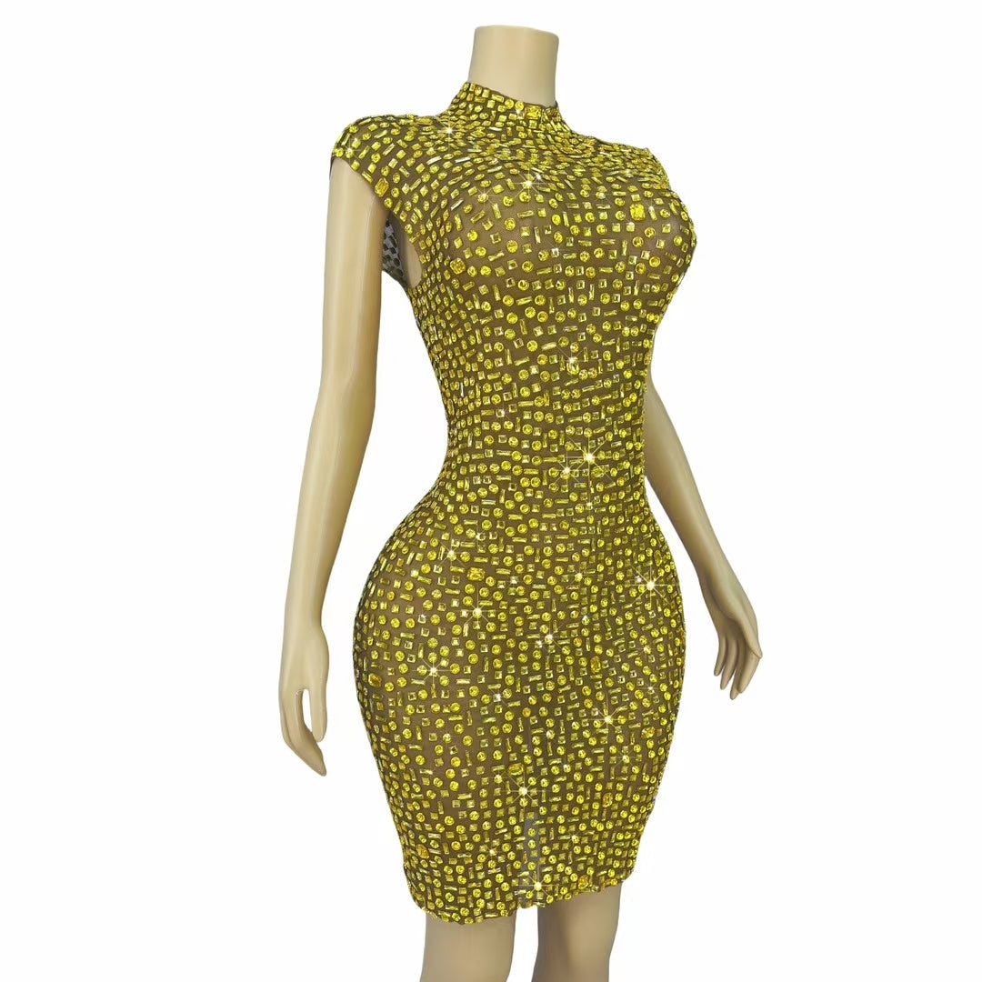 CELESINYI Jinbei Crystal Gold Mini Dress