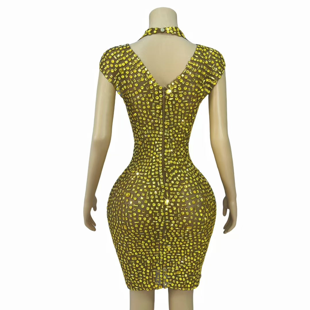 CELESINYI Jinbei Crystal Gold Mini Dress