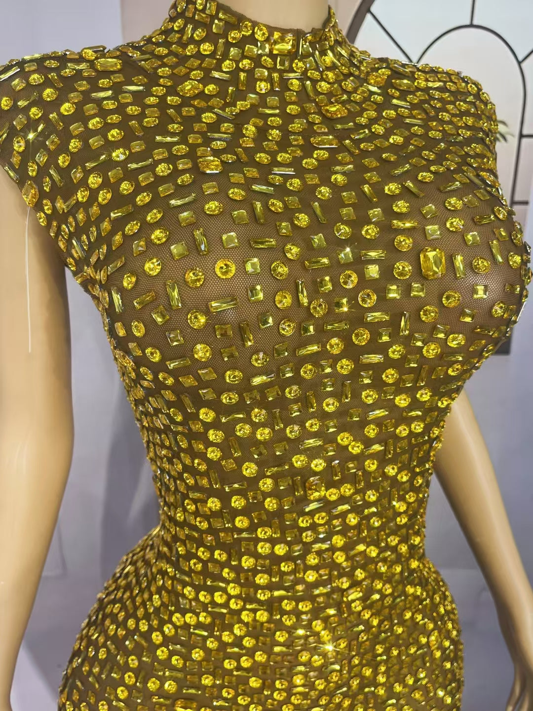 CELESINYI Jinbei Crystal Gold Mini Dress