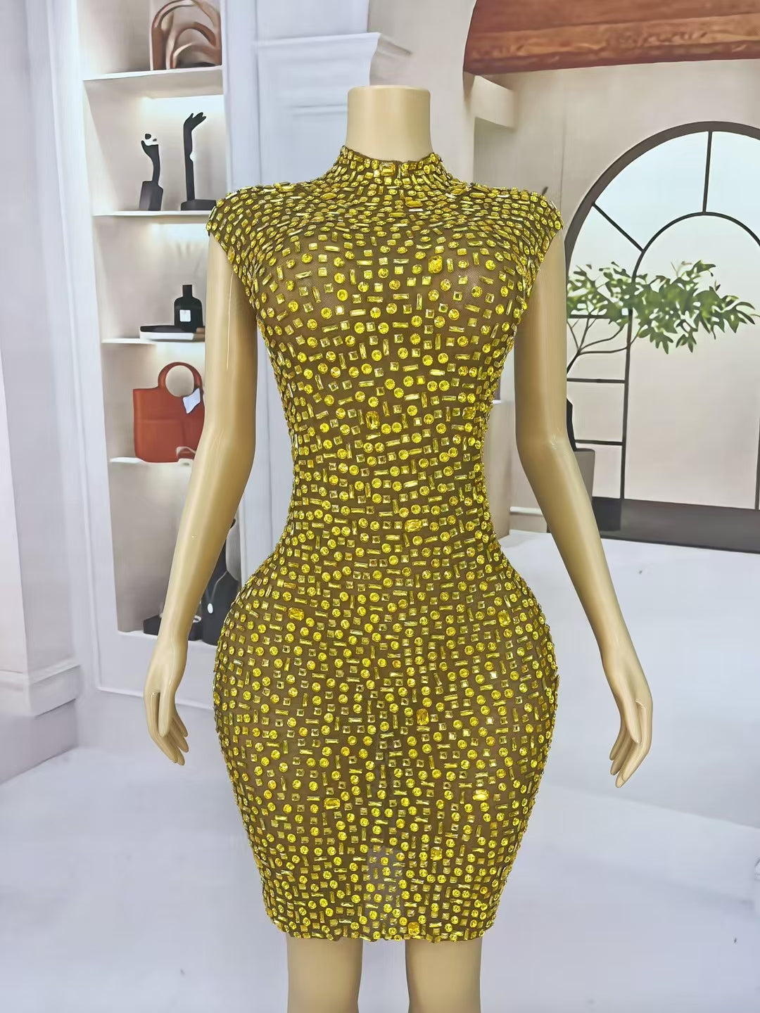 CELESINYI Jinbei Crystal Gold Mini Dress