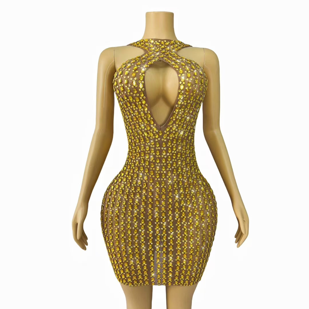 CELESINYI Liusixian Crystal Yellow Keyhole Gown