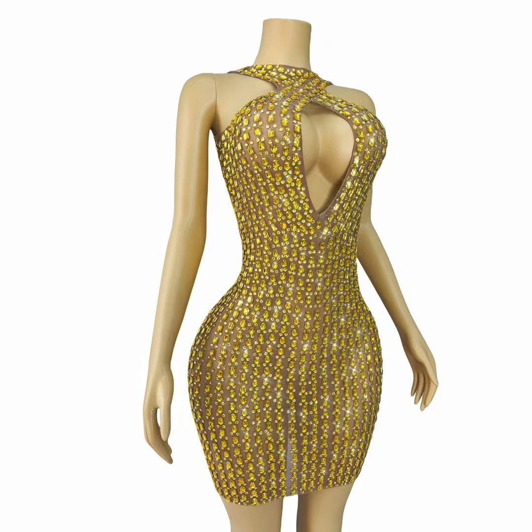 CELESINYI Liusixian Crystal Yellow Keyhole Gown